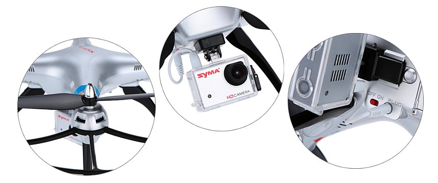 Dettaglio del motore, della videocamera HD collegata sotto la pancia del drone Syma X8G