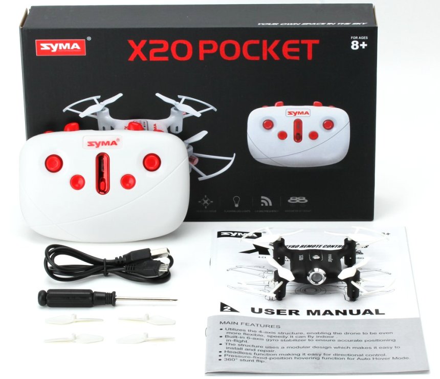 Ecco come vi arriverà a casa il mini drone Syma X20 Pocket, completo di eliche di ricambio