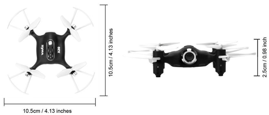 Il mini drone Syma X20 Pocket raggiunge i 10 centimetri circa, per un’altezza di quasi 3 centimetri