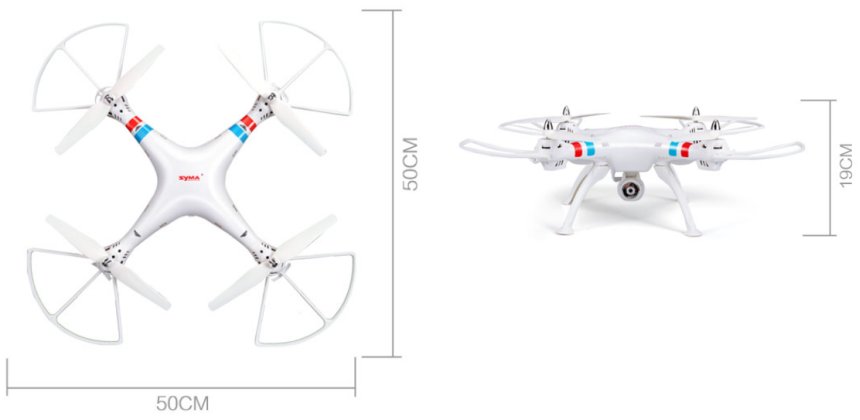 Le dimensioni del drone SYMA X8C raggiungono esattamente il mezzo metro (70 cm l’apertura alare diagonale) e 19 d’altezza